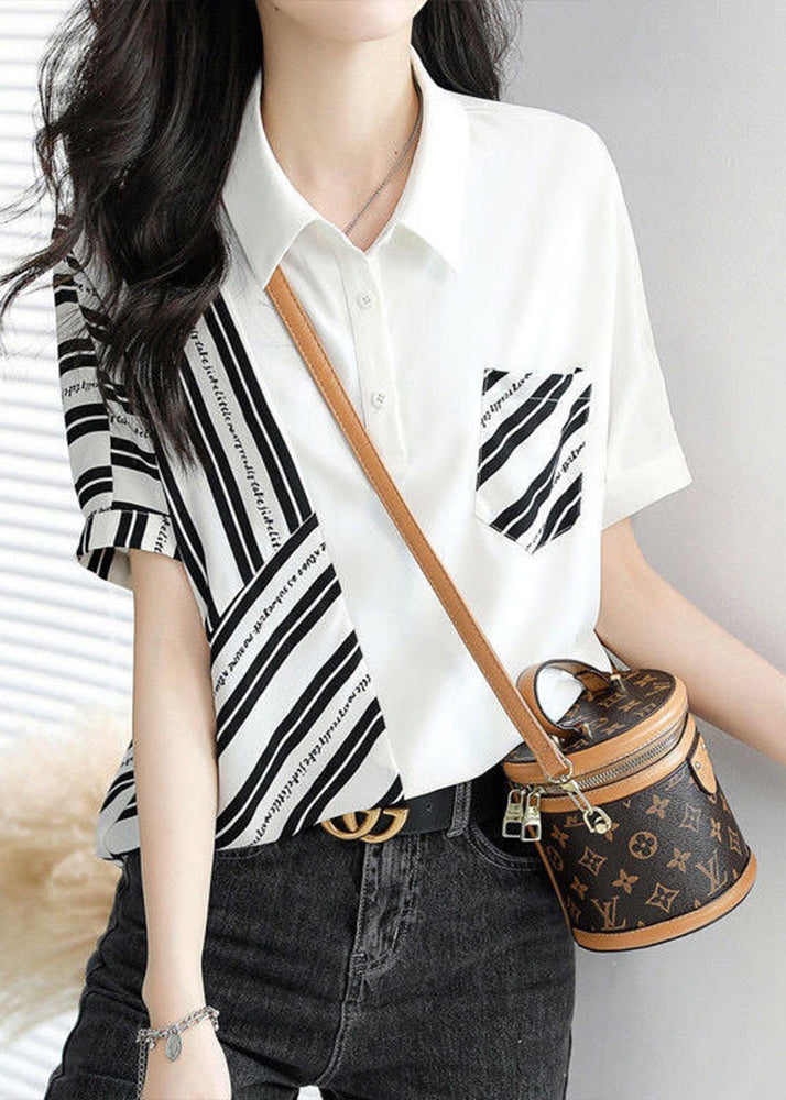 Fashion White Peter Pan Collar Striped Patchwork Top Short Sleeve