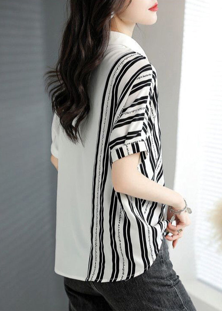 Fashion White Peter Pan Collar Striped Patchwork Top Short Sleeve