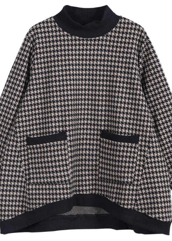 Fashion White Plaid Turtleneck Pockets Patchwork Top Long Sleeve