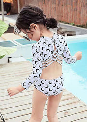 Fashion White Print Backless Girls One Piece Swimsui Long Sleeve