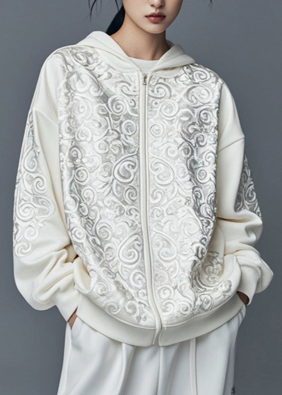 Fashion White Print Zippered Hoodies Fall Outwear