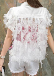 Fashion White Ruffled Sequins Nail Bead Patchwork Denim Vest Sleeveless