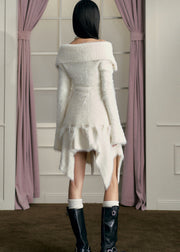 Fashion White Slash Neck Asymmetrical Mink Hair Knitted Two Piece Set Fall