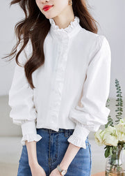 Fashion White Stand Collar Ruffled Patchwork Button Shirt Puff Sleeve