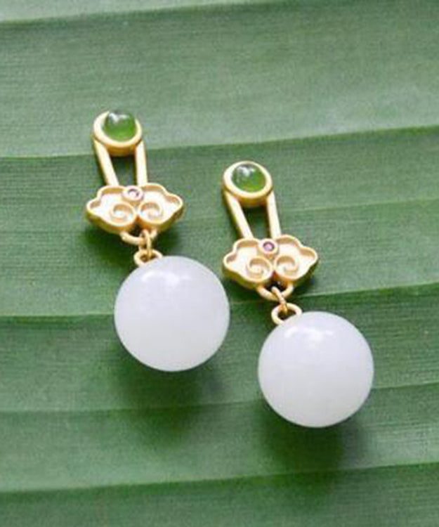 Fashion White Sterling Silver Jade Ruyi Drop Earrings