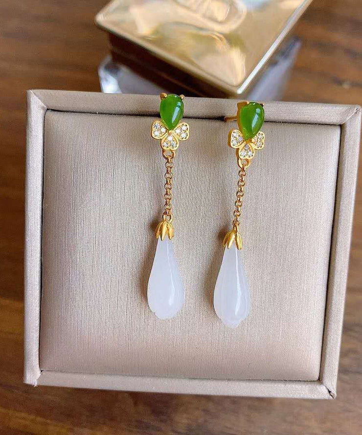 Fashion White Sterling Silver Overgild Jade Magnolia Drop Earrings