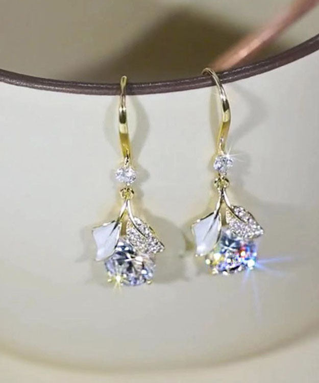 Fashion White Sterling Silver Overgild Zircon Leaves Drop Earrings