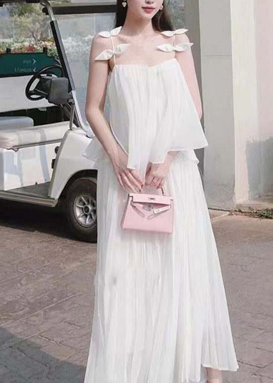 Fashion White Suspender Top And Skirts Chiffon Two-Piece Set For Summer