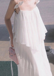 Fashion White Suspender Top And Skirts Chiffon Two-Piece Set For Summer