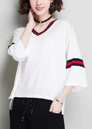 Fashion White V Neck Oversized Knit Tops Bracelet Sleeve