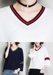 Fashion White V Neck Oversized Knit Tops Bracelet Sleeve