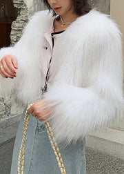 Fashion White V Neck Patchwork Faux Fur Coat Winter