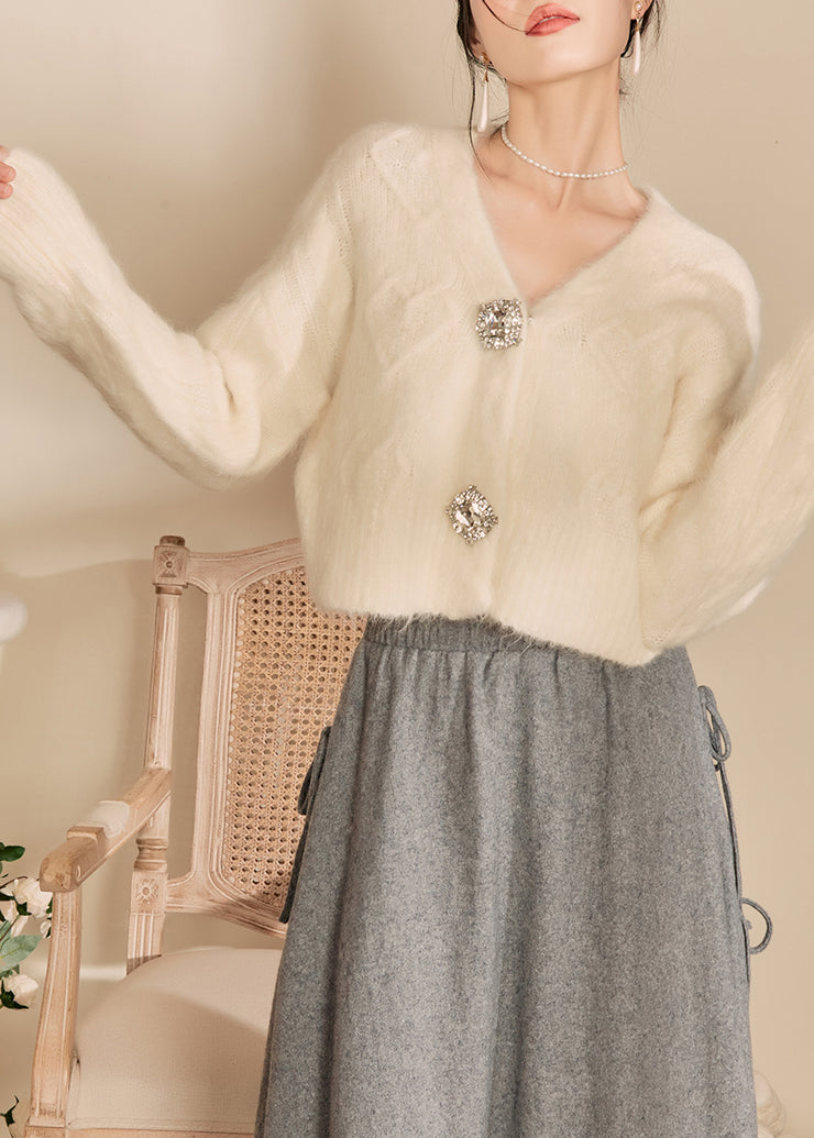 Fashion White V Neck Woolen Short Cardigans Fall