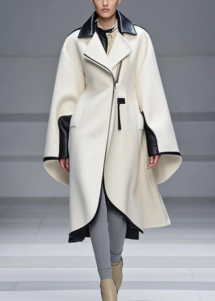 Fashion White Zip Up Patchwork Woolen Trench Coat Fall