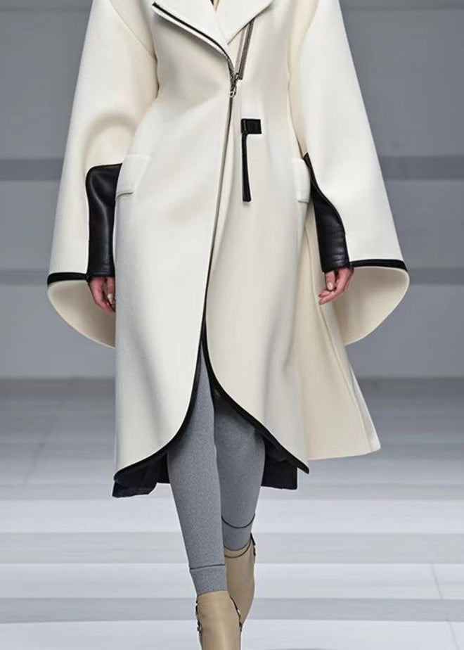 Fashion White Zip Up Patchwork Woolen Trench Coat Fall