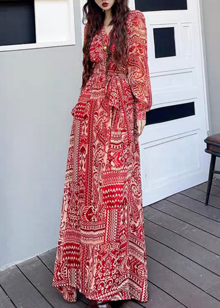 Fashion Wine Red V Neck Print Side Open Patchwork Long Dresses Fall