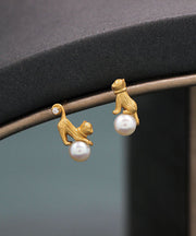 Fashion Yellow 14K Gold Cute Cats Pearl Asymmetrical Design Stud Earrings