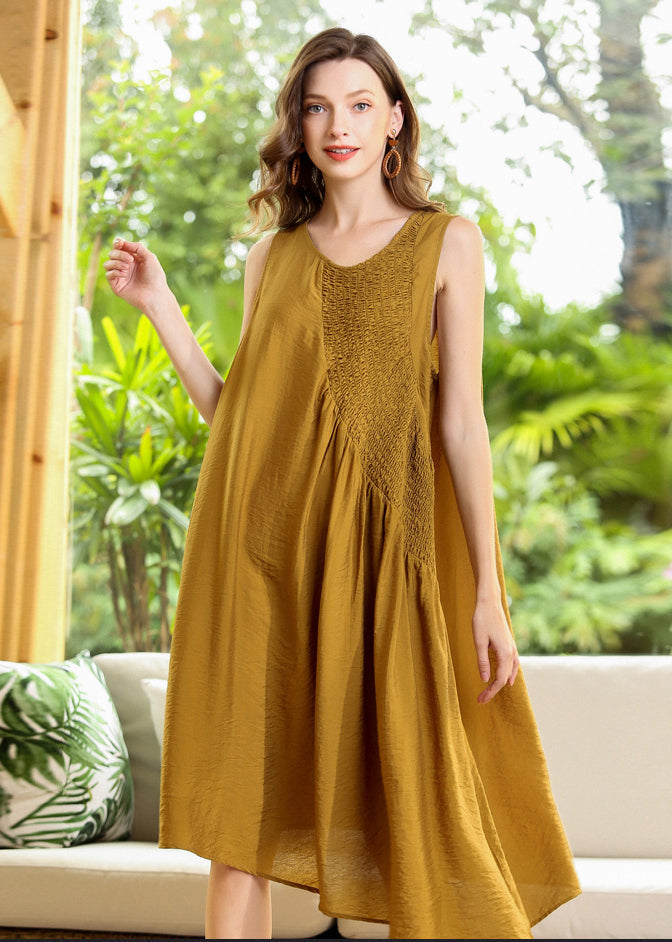 Fashion Yellow Asymmetrical Patchwork Wrinkled Cotton Dress Sleeveless