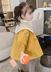 Fashion Yellow Bow Button Cotton Girls Trench Outwear Spring