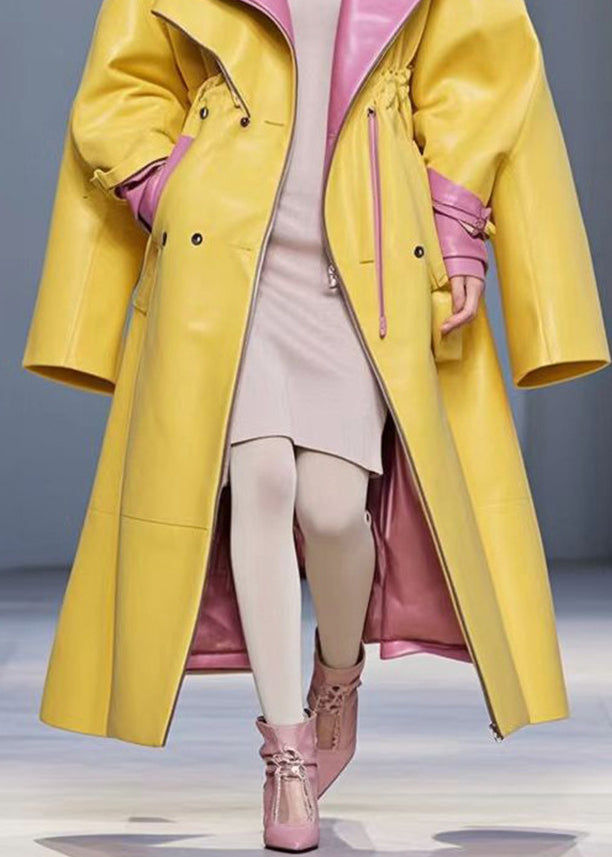 Fashion Yellow Cinched Patchwork Faux Leather Coat Fall