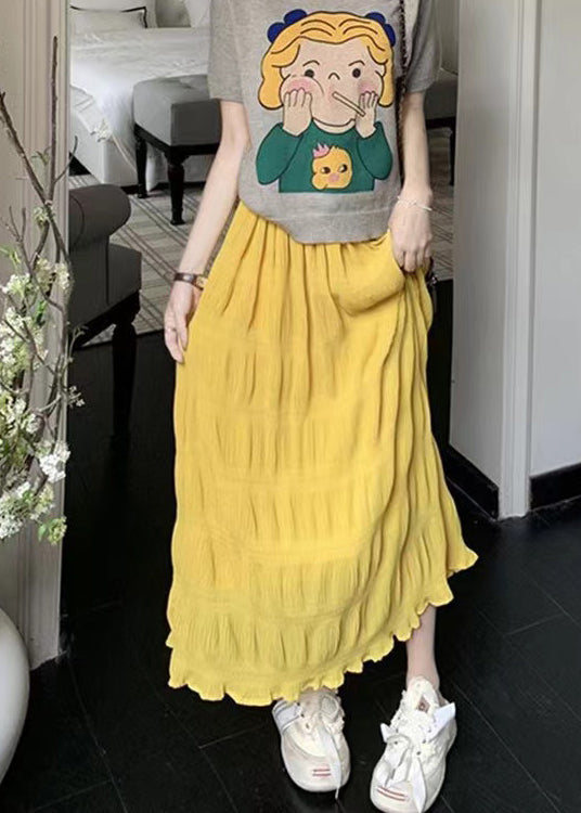 Fashion Yellow Elastic Waist Wrinkled Cotton Skirt Summer