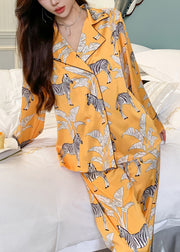 Fashion Yellow Notched Print Shirts And Pants Two Pieces Set Spring