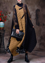 Fashion Yellow Patchwork Black Asymmetrical O-Neck Thick Maxi Coat Long Sleeve