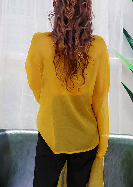 Fashion Yellow Peter Pan Collar Asymmetrical Button Chiffon Shirts Lantern Sleeve