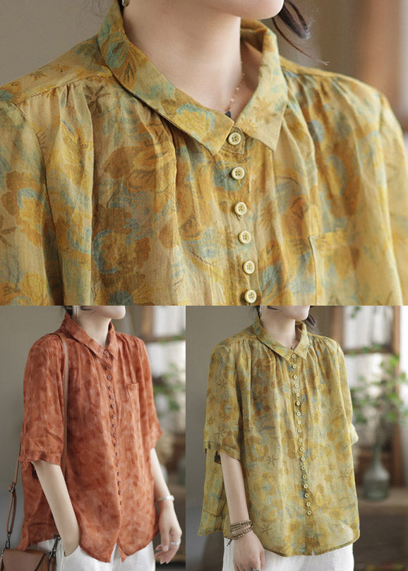 Fashion Yellow Peter Pan Collar Print Linen Shirt Half Sleeve