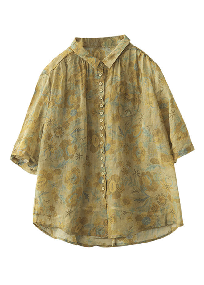 Fashion Yellow Peter Pan Collar Print Linen Shirt Half Sleeve