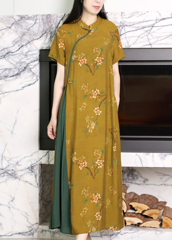 Fashion Yellow Stand Collar Asymmetrical Print Patchwork Button Linen Long Dresses Short Sleeve