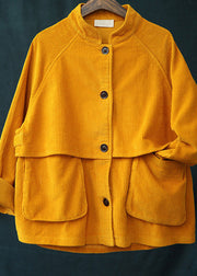 Fashion Yellow Stand Collar Patchwork Button Corduroy Coats Spring