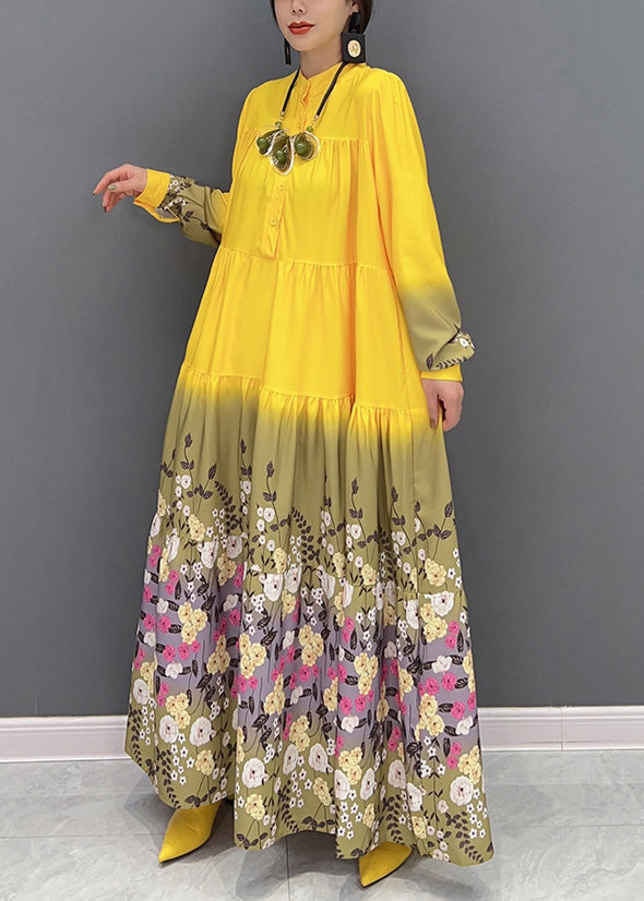 Fashion Yellow Stand Collar Print Patchwork Vacation Long Dresses Spring