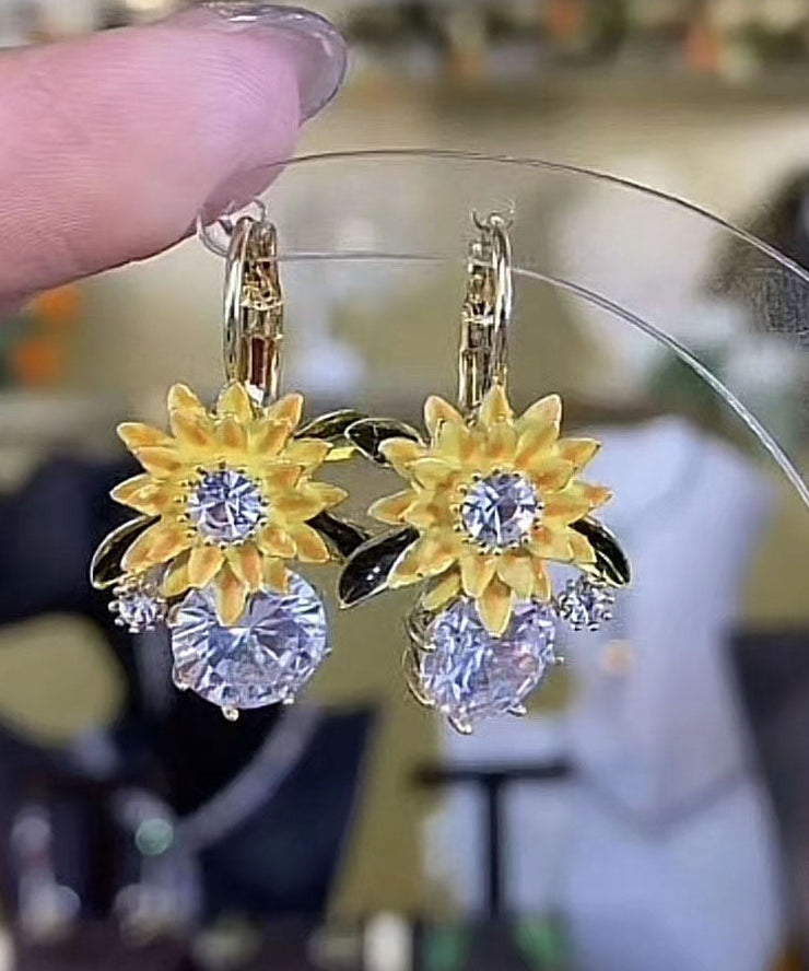 Fashion Yellow Sterling Silver Overgild Zircon Sunflower Drop Earrings