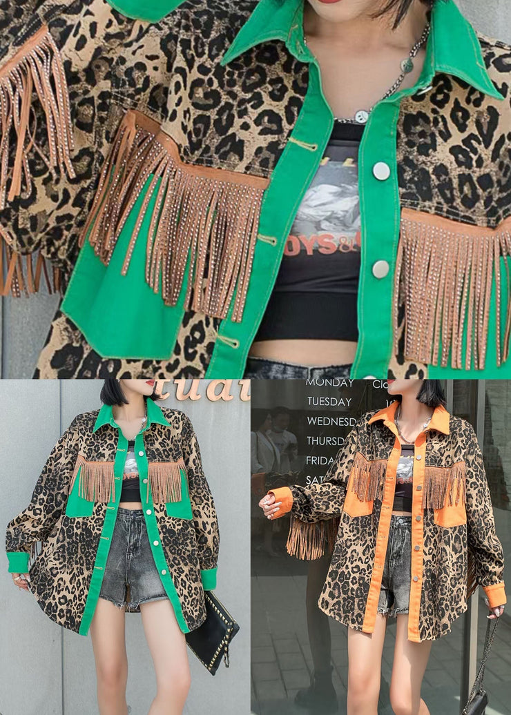 Fashion Yellow Tasseled Leopard Patchwork Denim Coat Spring