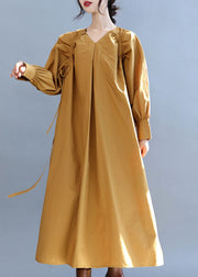 Fashion Yellow V Neck Cinched Cotton Long Dress Fall