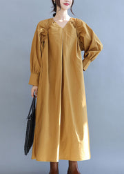 Fashion Yellow V Neck Cinched Cotton Long Dress Fall