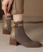 Fashion Zippered Splicing Chunky Boots Khaki Cowhide Leather