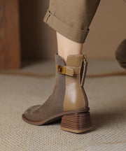 Fashion Zippered Splicing Chunky Boots Khaki Cowhide Leather