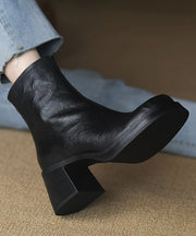 Fashion Zippered Splicing Chunky Heel Boots Black Faux Leather