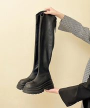 Fashion Zippered Splicing Platform Knee Boots Black