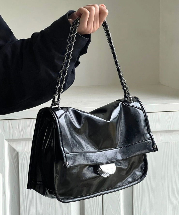 Fashionable And Versatile Black Faux Leather Chain Shoulder Bag