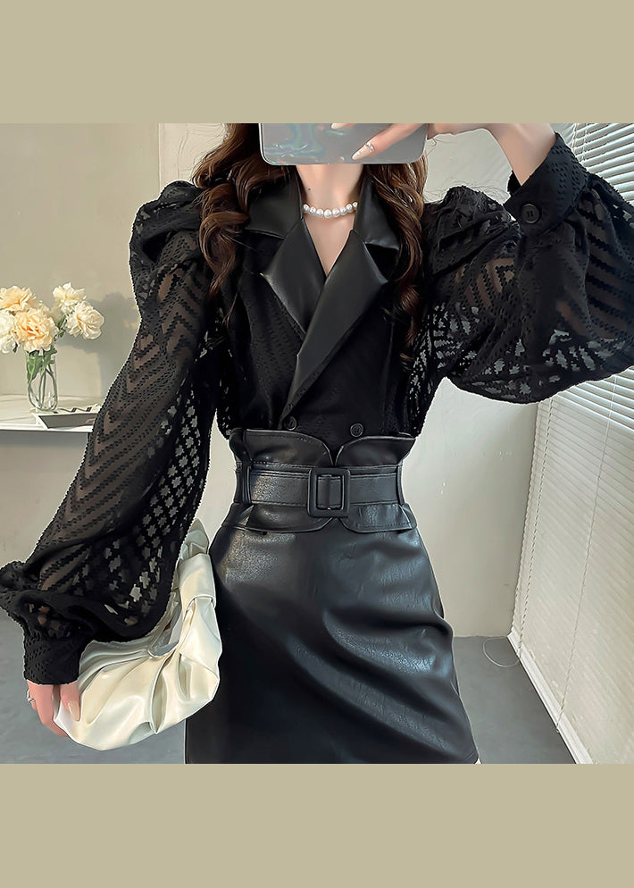 Fashionable Black Patchwork Puff Sleeve Chiffon Shirt Top