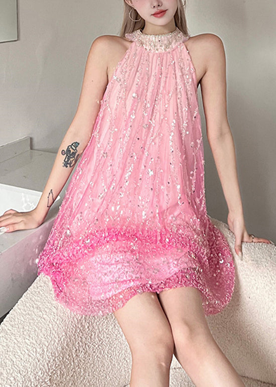 Fashionable Pink Neck Hanging Sequin Mid Dress Sleeveless