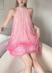 Fashionable Pink Neck Hanging Sequin Mid Dress Sleeveless