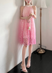 Fashionable Pink Neck Hanging Sequin Mid Dress Sleeveless