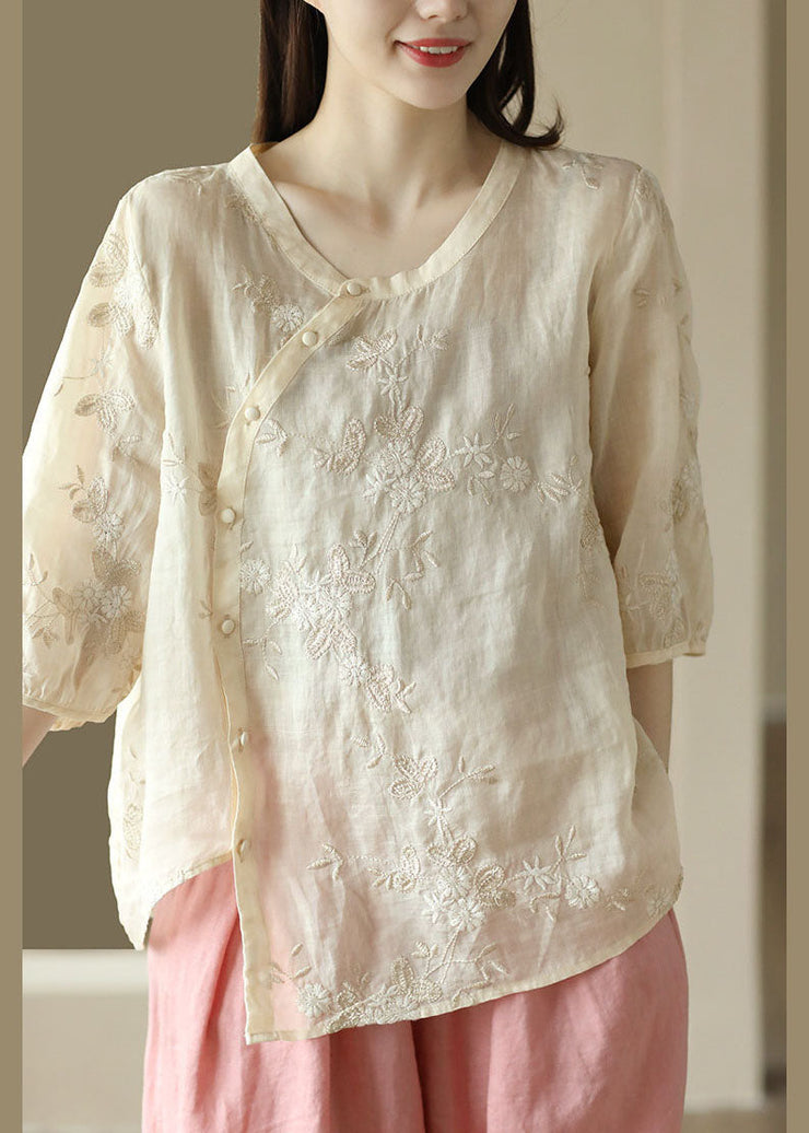 Fine Apricot Embroideried Button Patchwork Linen Top Summer