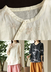 Fine Apricot Embroideried Button Patchwork Linen Top Summer