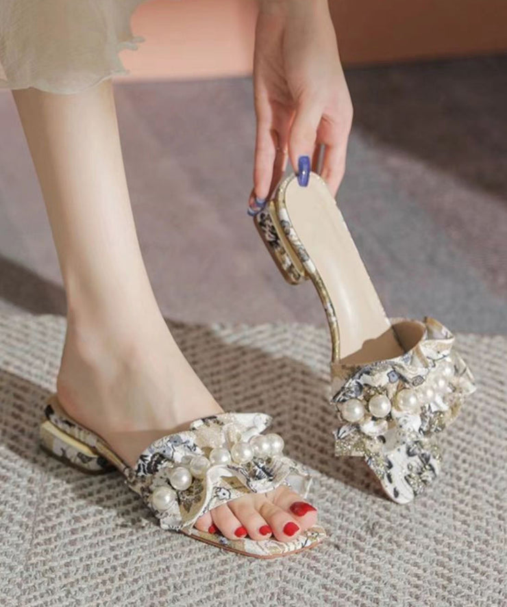 Fine Apricot Flower Splicing Pearl Peep Toe Flip Flops