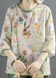 Fine Apricot O Neck Print Button Patchwork Linen Top Summer